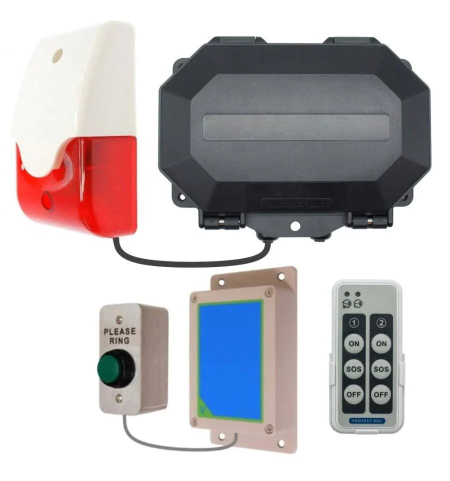 Protect-800 Wireless Commercial Doorbell Kit – Heavy-Duty Push Button with Siren & Flashing Strobe, Fully Adjustable Duration