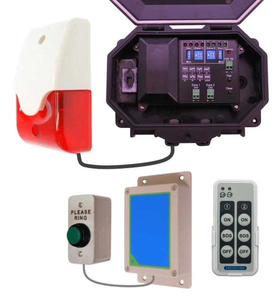 Protect-800 Wireless Commercial Doorbell Kit – Heavy-Duty Push Button with Siren & Flashing Strobe, Fully Adjustable Duration