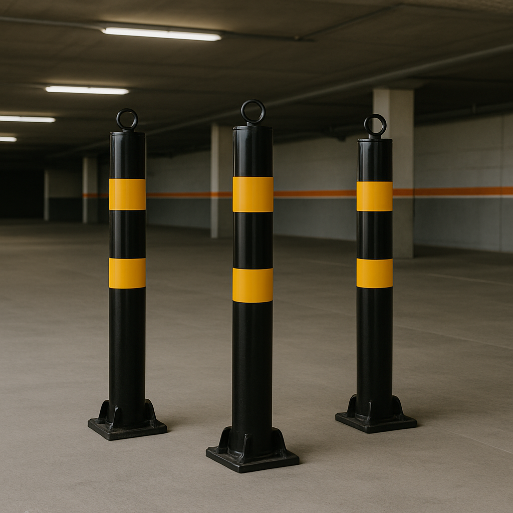 76mm Fold-Down Parking Post with Integral Lock & Chain Eyelet – Black & Yellow