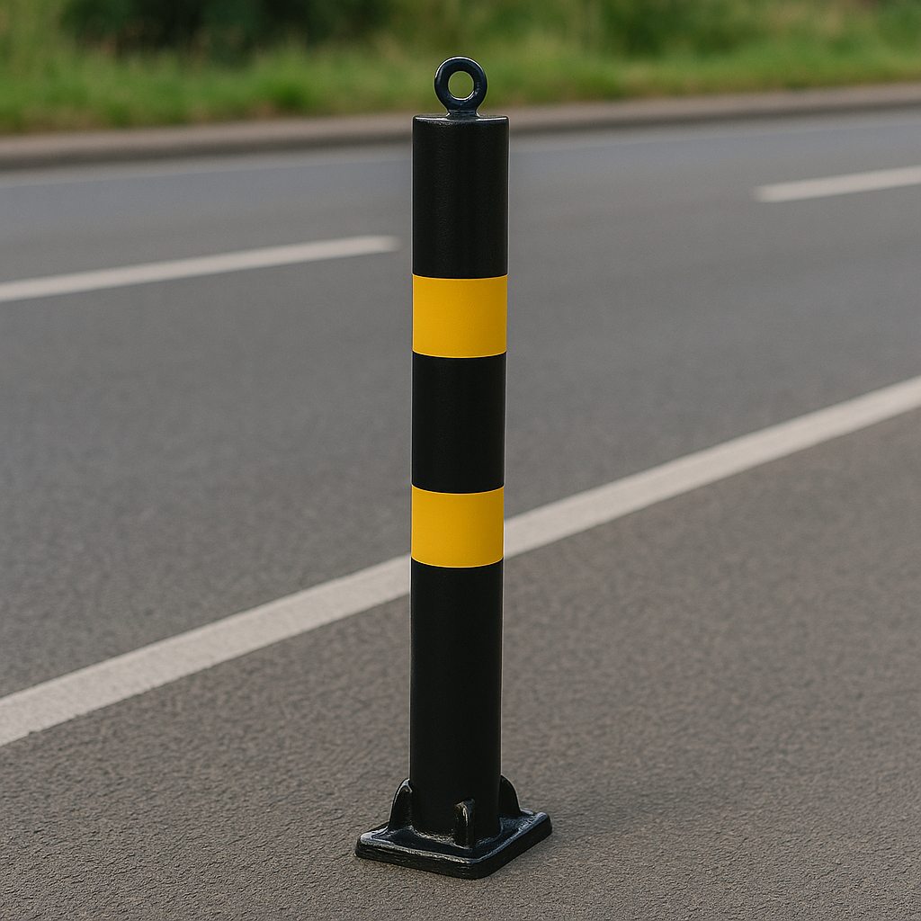 76mm Fold-Down Parking Post with Integral Lock & Chain Eyelet – Black & Yellow