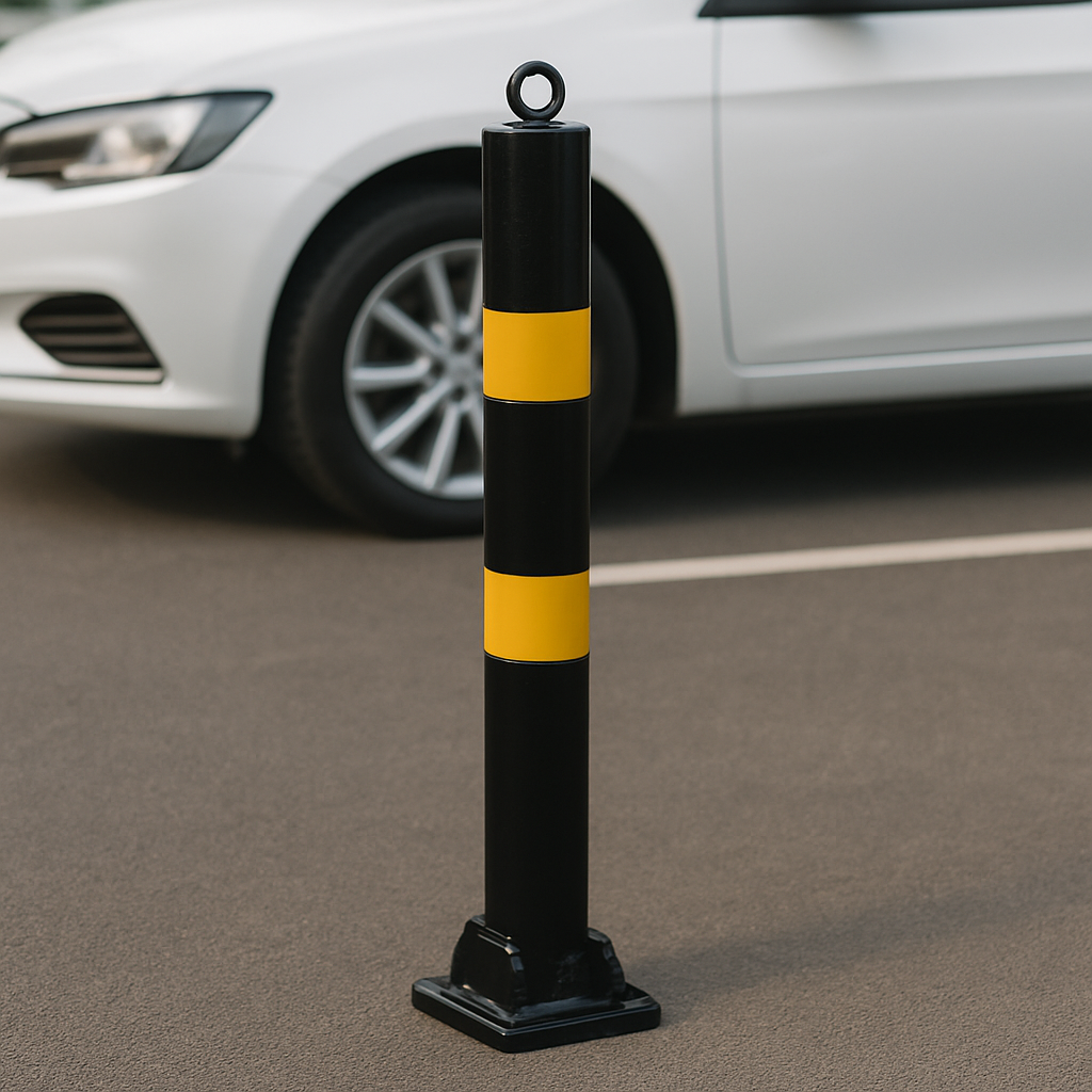 76mm Fold-Down Parking Post with Integral Lock & Chain Eyelet – Black & Yellow