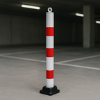 Red & White Fold-Down Parking Post – Heavy-Duty Surface-Mount Bollard with Integral Lock & Eyelet