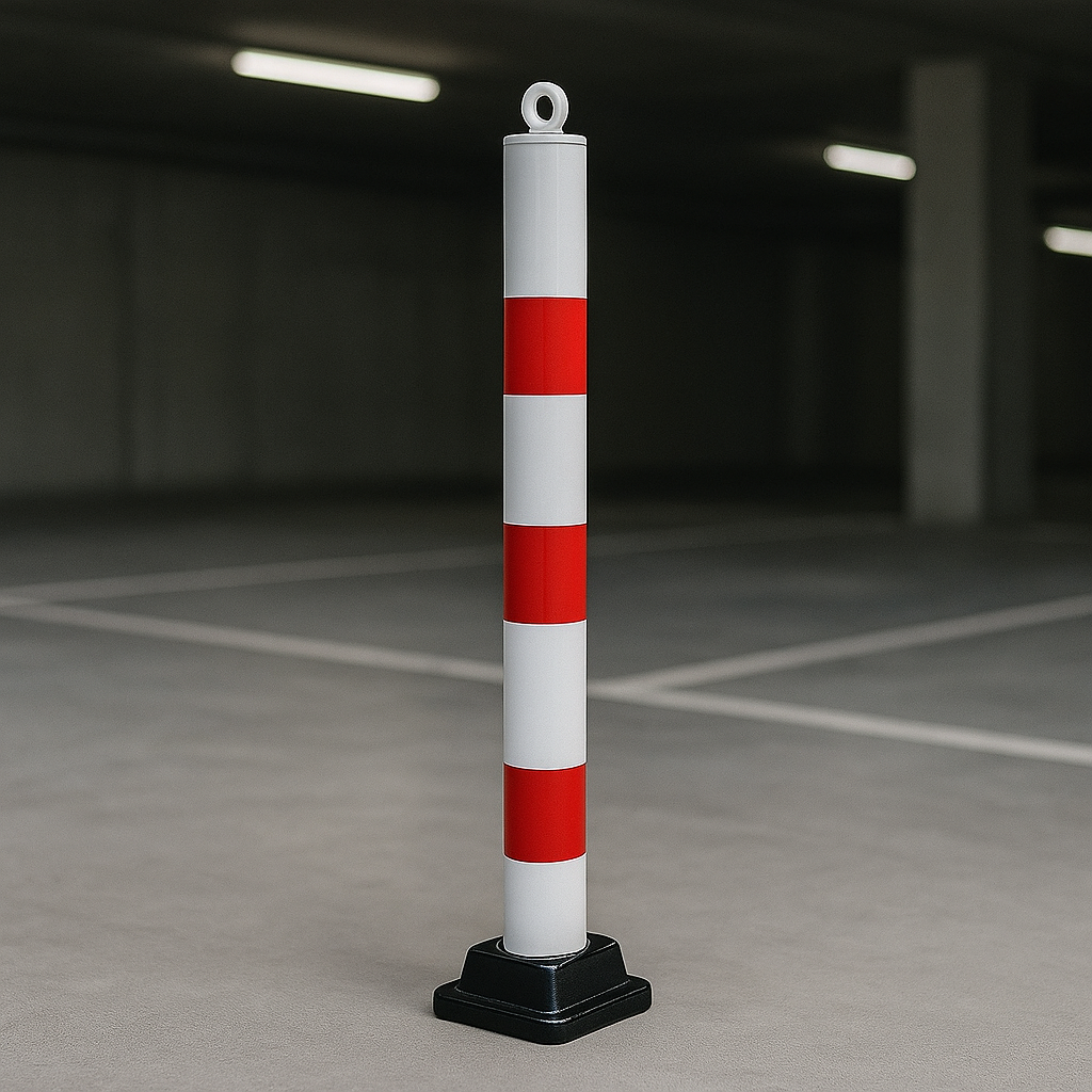 Red & White Fold-Down Parking Post – Heavy-Duty Surface-Mount Bollard with Integral Lock & Eyelet