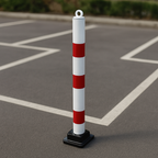 Red & White Fold-Down Parking Post – Heavy-Duty Surface-Mount Bollard with Integral Lock & Eyelet