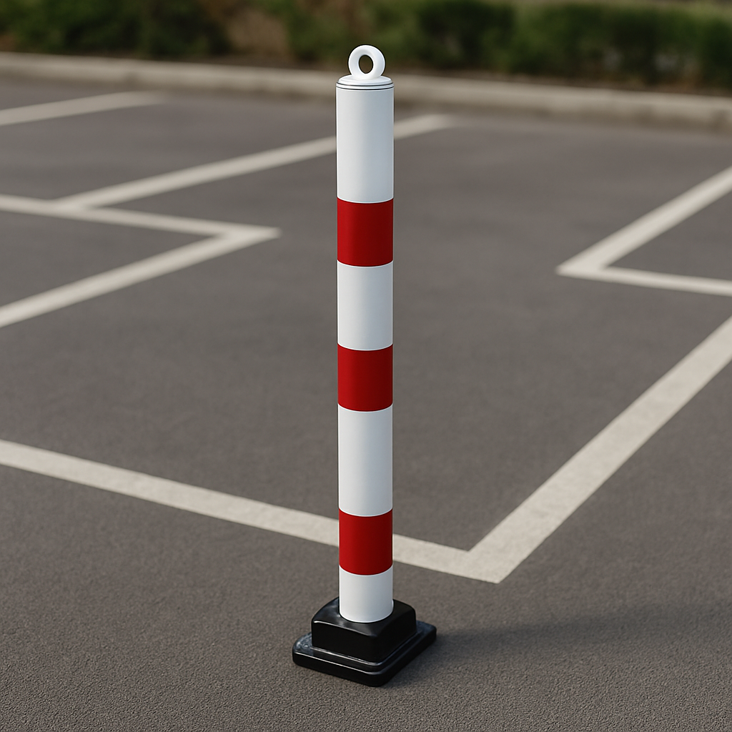Red & White Fold-Down Parking Post – Heavy-Duty Surface-Mount Bollard with Integral Lock & Eyelet