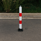 Red & White Fold-Down Parking Post – Heavy-Duty Surface-Mount Bollard with Integral Lock & Eyelet