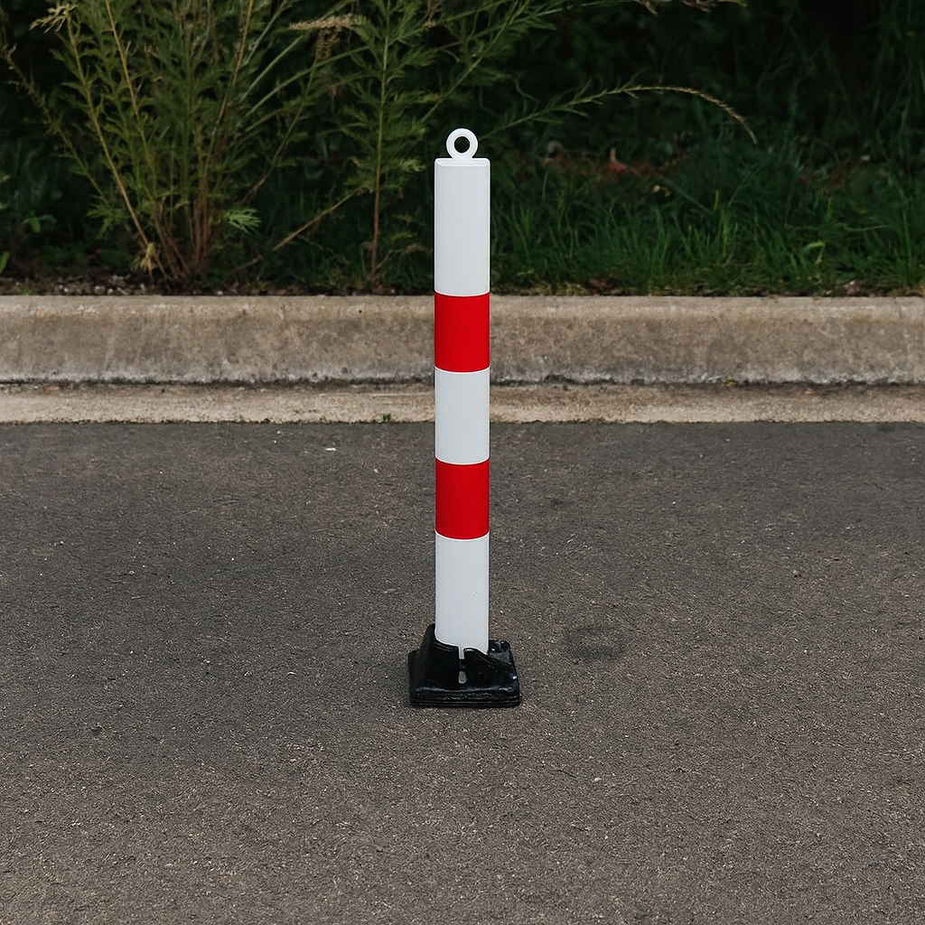 Red & White Fold-Down Parking Post – Heavy-Duty Surface-Mount Bollard with Integral Lock & Eyelet