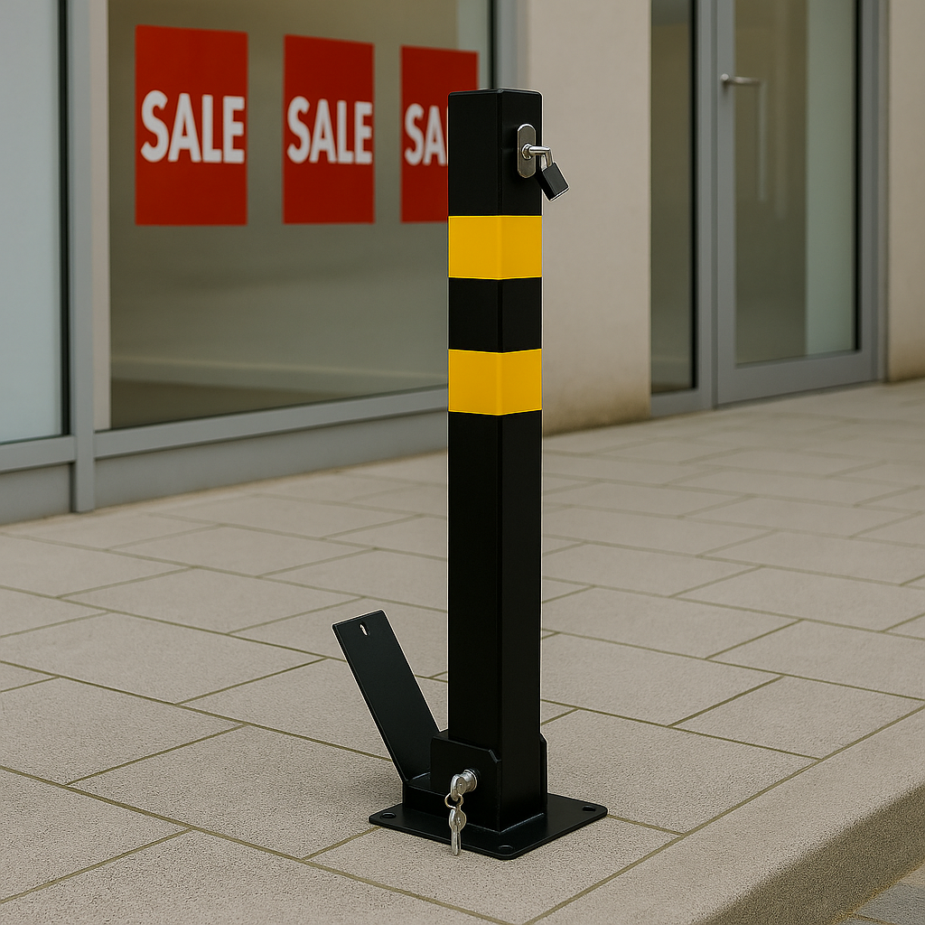 Lockable Heavy-Duty Steel Folding Parking Post – Surface-Mounted Security Bollard
