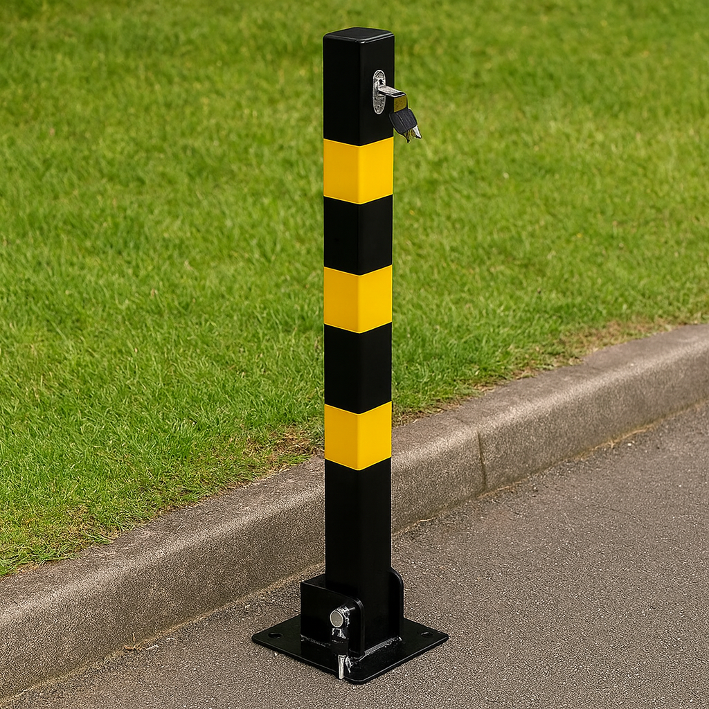 Lockable Heavy-Duty Steel Folding Parking Post – Surface-Mounted Security Bollard
