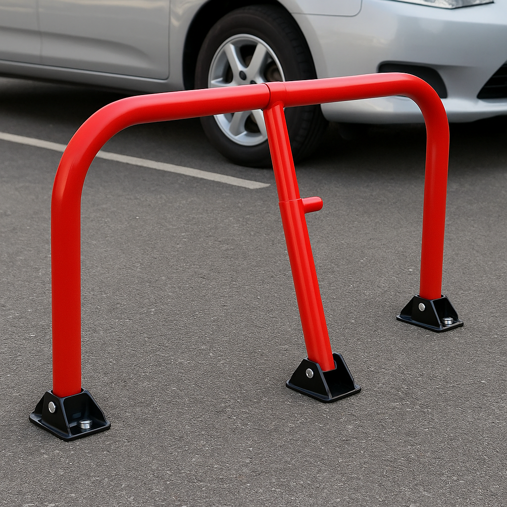 Red Fold-Down Hoop Barrier with Built-In Lock – Surface-Mounted Parking Security
