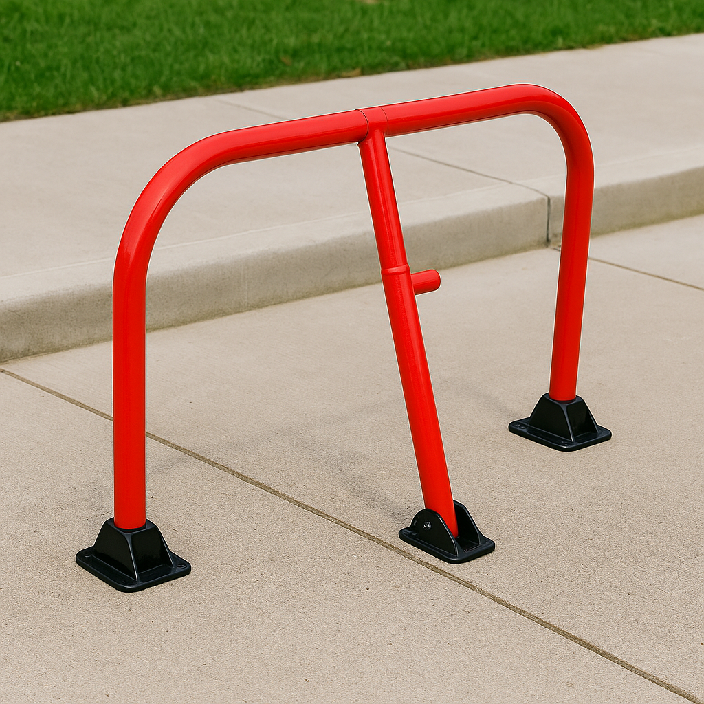 Red Fold-Down Hoop Barrier with Built-In Lock – Surface-Mounted Parking Security