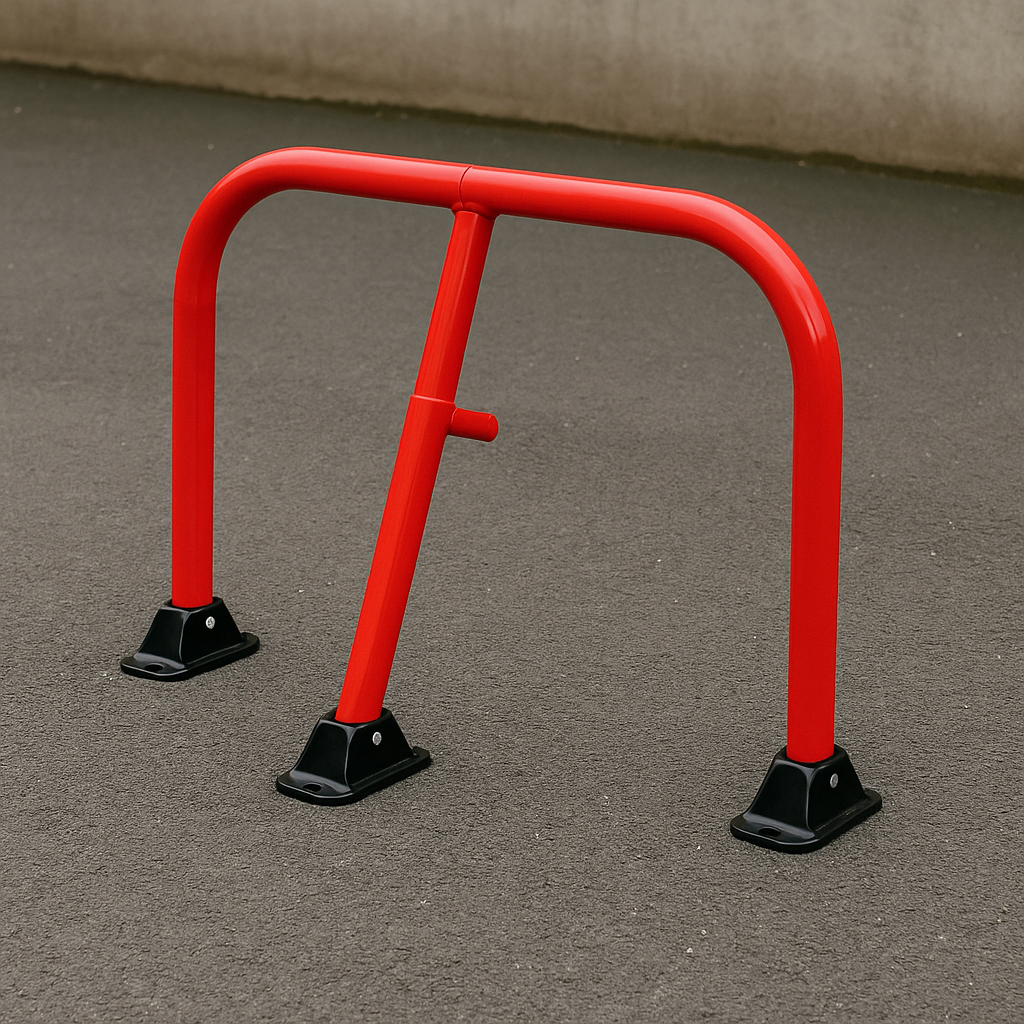 Red Fold-Down Hoop Barrier with Built-In Lock – Surface-Mounted Parking Security
