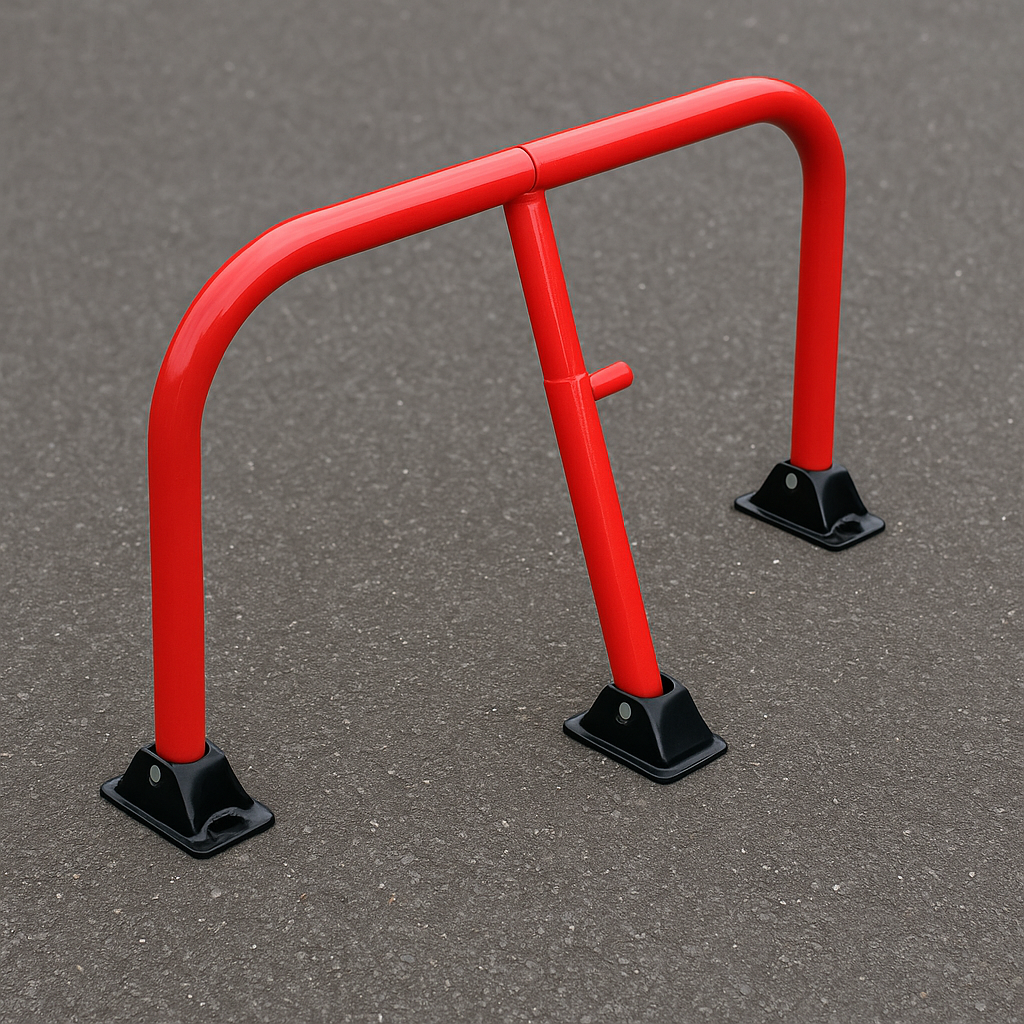 Red Fold-Down Hoop Barrier with Built-In Lock – Surface-Mounted Parking Security