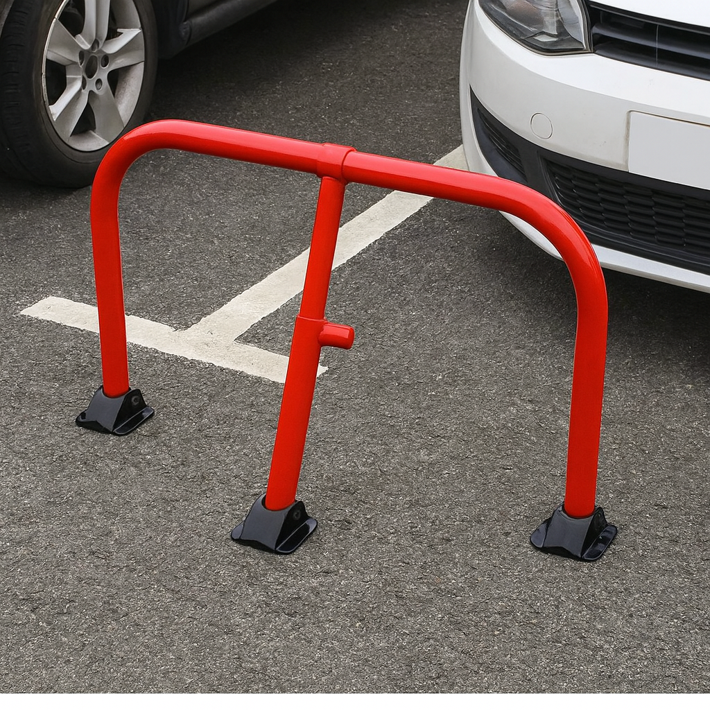 Red Fold-Down Hoop Barrier with Built-In Lock – Surface-Mounted Parking Security