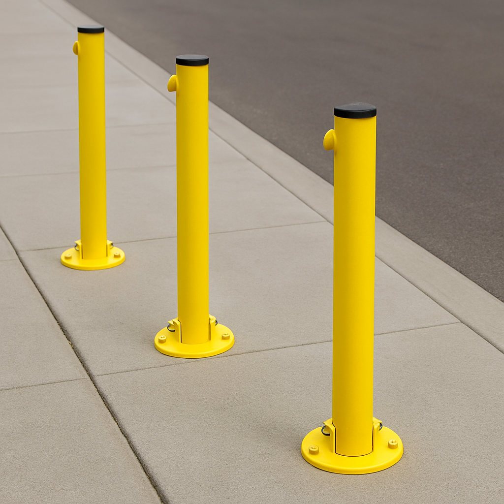Bolt-Down Folding Parking Post – Durable Yellow Steel Security Bollard