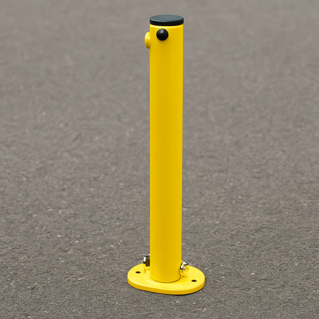 Bolt-Down Folding Parking Post – Durable Yellow Steel Security Bollard