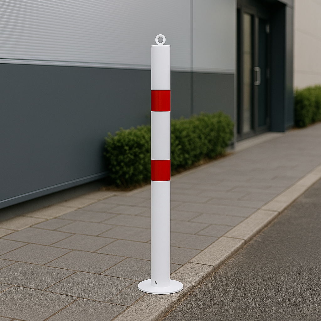 High-Visibility 76mm Steel Bollard – Bolt-Down | White with Red Reflective Bands | Impact & Traffic Protection