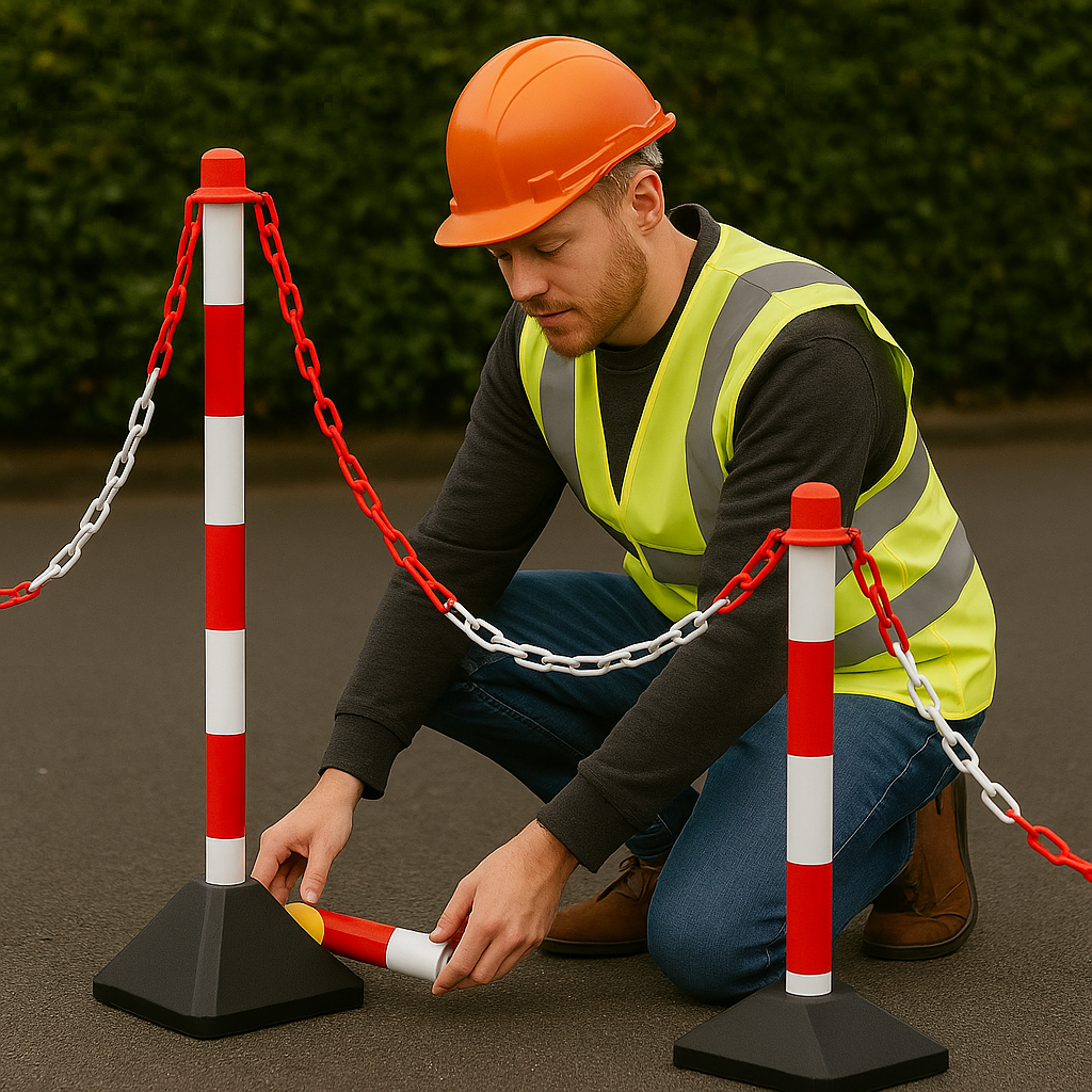 Heavy-Duty Red & White Chain Post Barrier Kit – 6 Posts with 10 m Chain, Hooks & Links | Concrete-Filled Bases