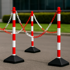 Heavy-Duty Red & White Chain Post Barrier Kit – 6 Posts with 10 m Chain, Hooks & Links | Concrete-Filled Bases