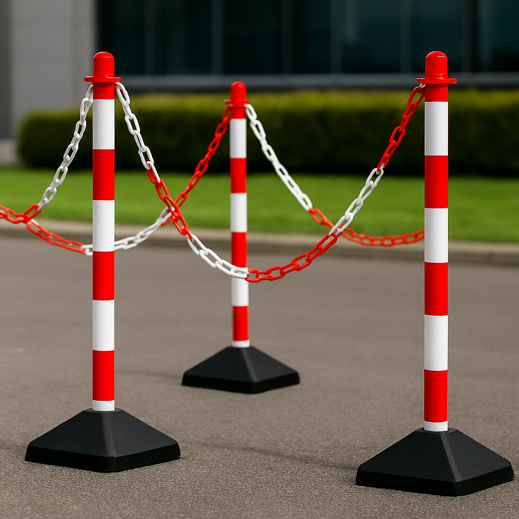 Heavy-Duty Red & White Chain Post Barrier Kit – 6 Posts with 10 m Chain, Hooks & Links | Concrete-Filled Bases