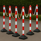 Heavy-Duty Red & White Chain Post Barrier Kit – 6 Posts with 10 m Chain, Hooks & Links | Concrete-Filled Bases