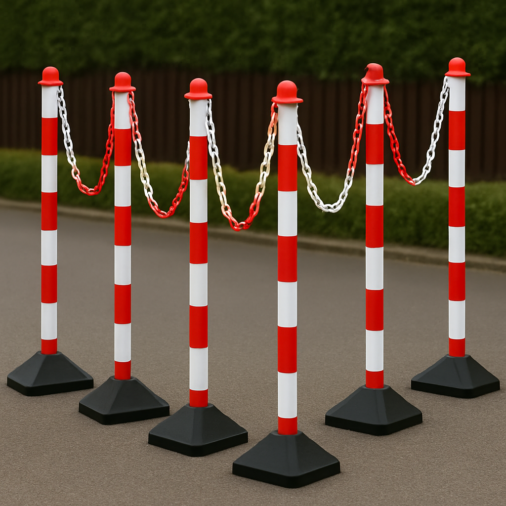 Heavy-Duty Red & White Chain Post Barrier Kit – 6 Posts with 10 m Chain, Hooks & Links | Concrete-Filled Bases