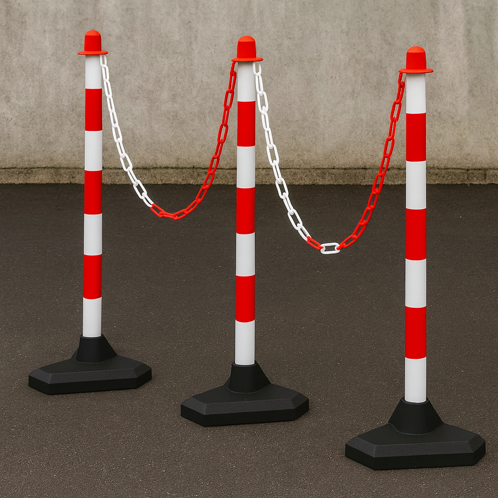 Heavy-Duty Red & White Chain Post Barrier Kit – 6 Posts with 10 m Chain, Hooks & Links | Concrete-Filled Bases