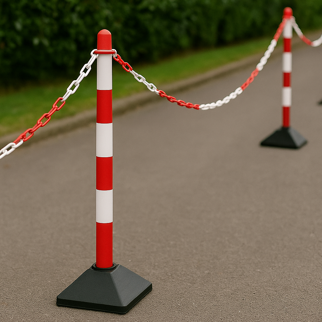 Heavy-Duty Red & White Chain Post Barrier Kit – 6 Posts with 10 m Chain, Hooks & Links | Concrete-Filled Bases