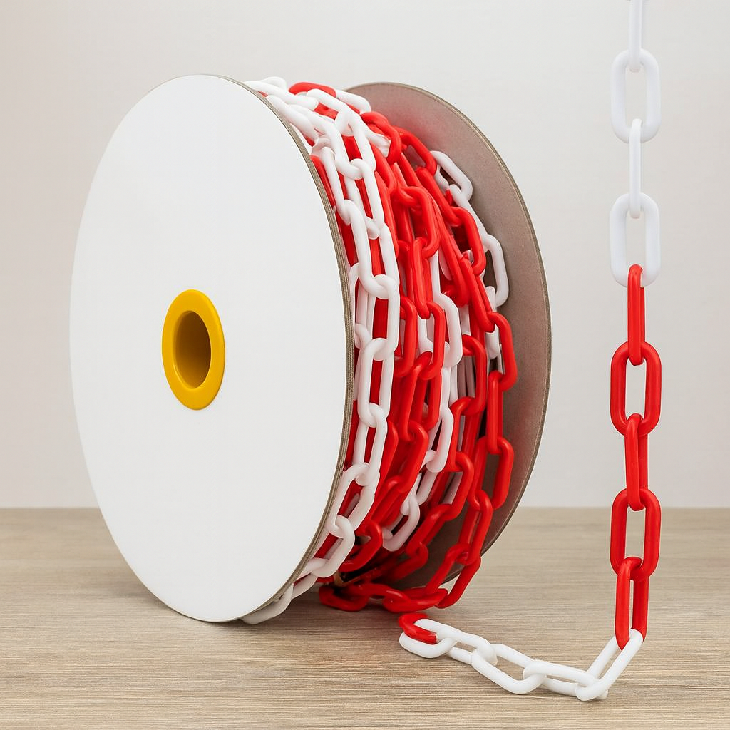 50m Red & White Plastic Barrier Chain Roll – 5mm Lightweight Safety Chain for Crowd Control & Restricted Access