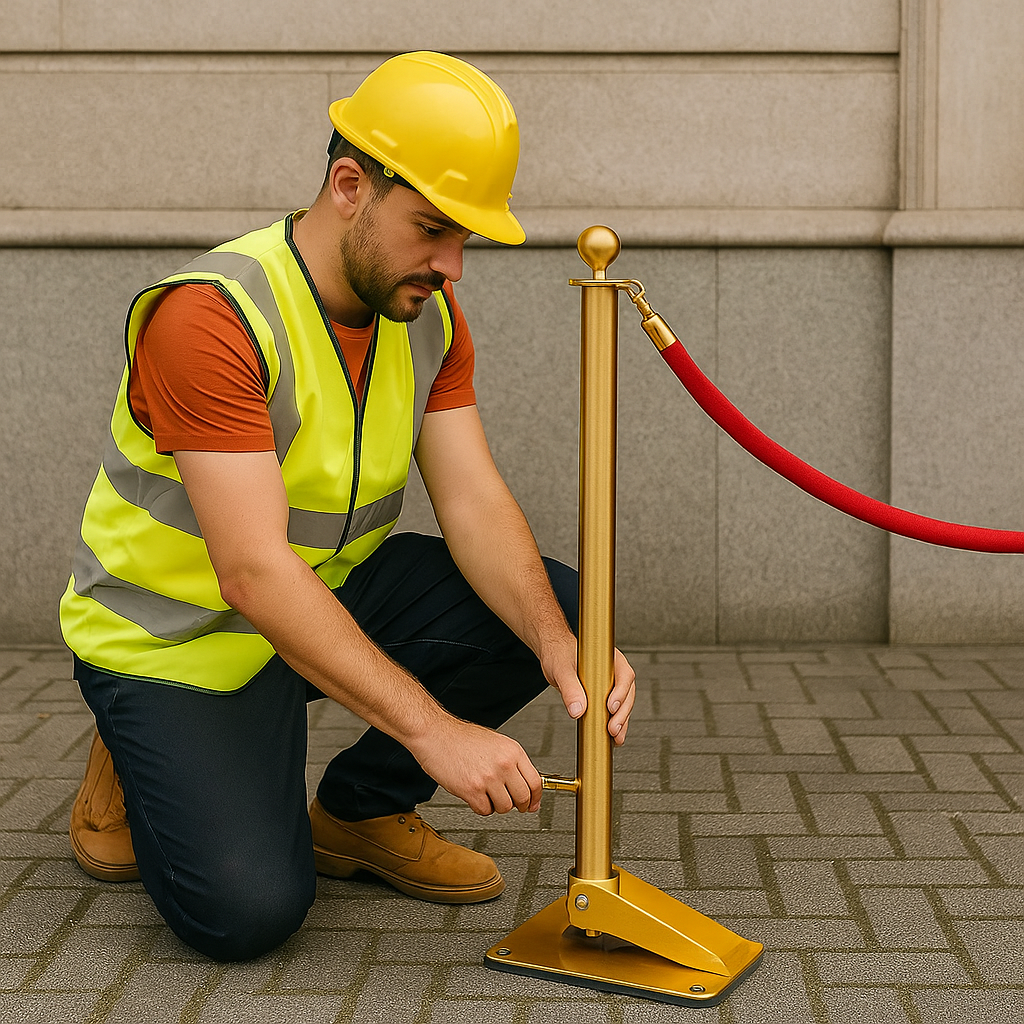 Prestige Heavy-Duty Metal Queue Barrier Post – 5 kg Weighted Base | Brass or Chrome Finish