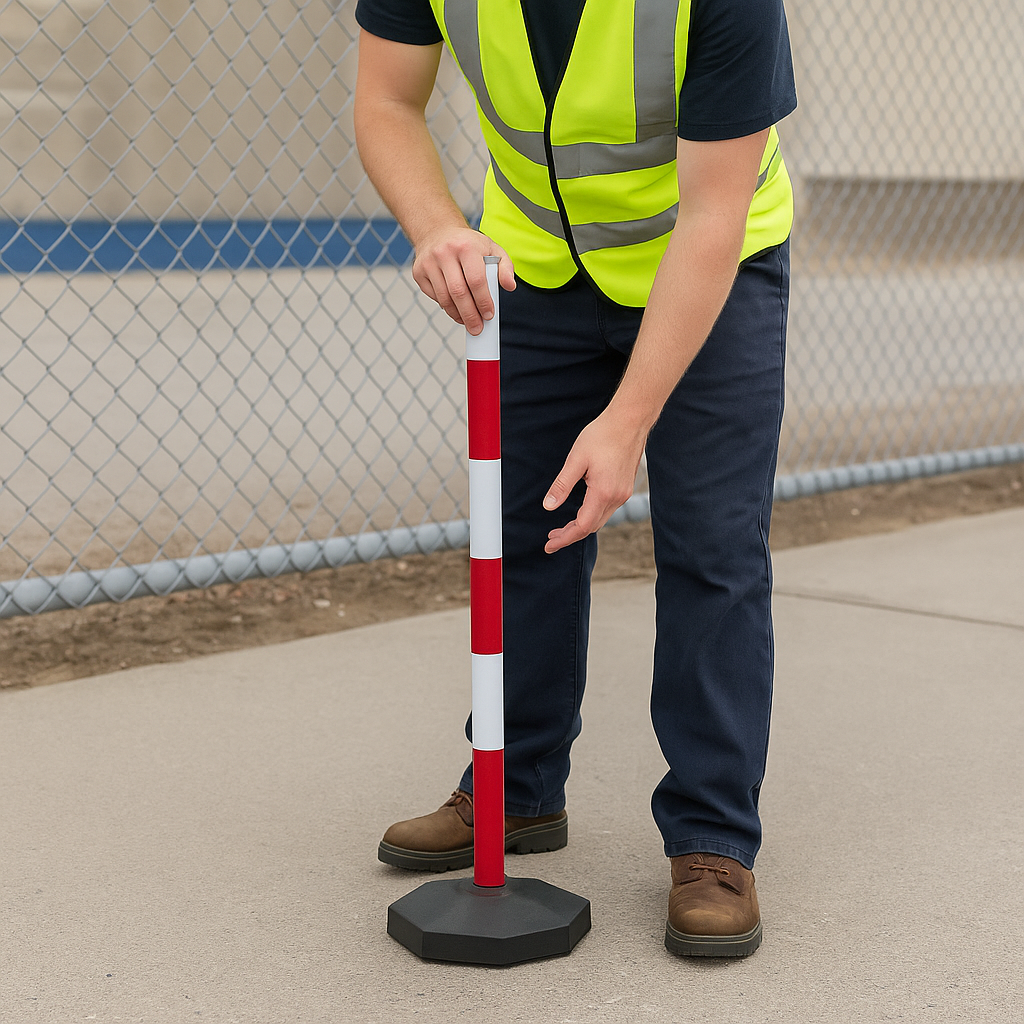 High-Visibility Red & White Chain Safety Post with Fillable Round Base – Stable, Portable & Weather-Resistant
