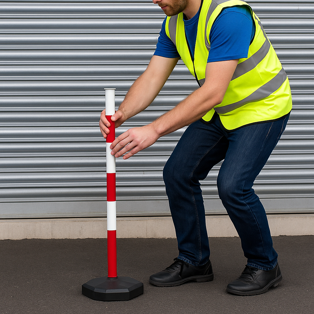 High-Visibility Red & White Chain Post Barrier Kit – 6 Posts with Fillable Round Bases, 10 m Heavy-Duty Chain, Hooks & Links