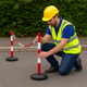 High-Visibility Red & White Chain Safety Post with Fillable Round Base – Stable, Portable & Weather-Resistant