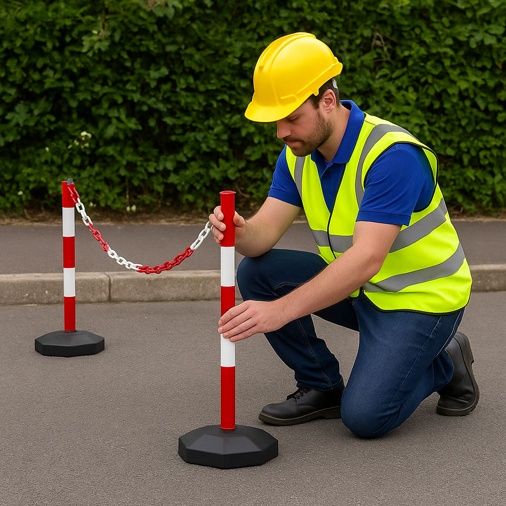 High-Visibility Red & White Chain Post Barrier Kit – 6 Posts with Fillable Round Bases, 10 m Heavy-Duty Chain, Hooks & Links