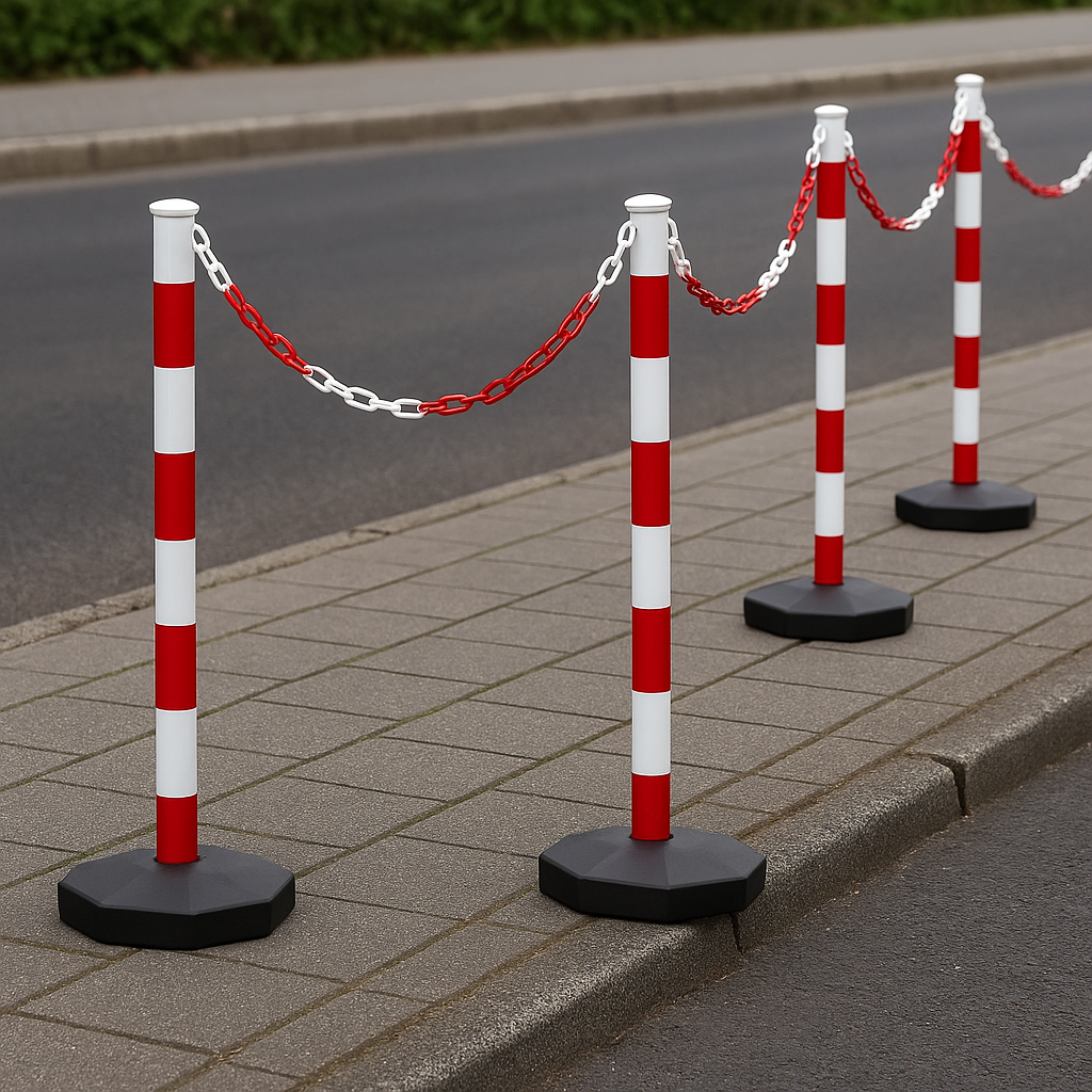High-Visibility Red & White Chain Post Barrier Kit – 6 Posts with Fillable Round Bases, 10 m Heavy-Duty Chain, Hooks & Links