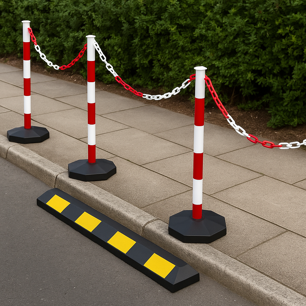 High-Visibility Red & White Chain Safety Post with Fillable Round Base – Stable, Portable & Weather-Resistant