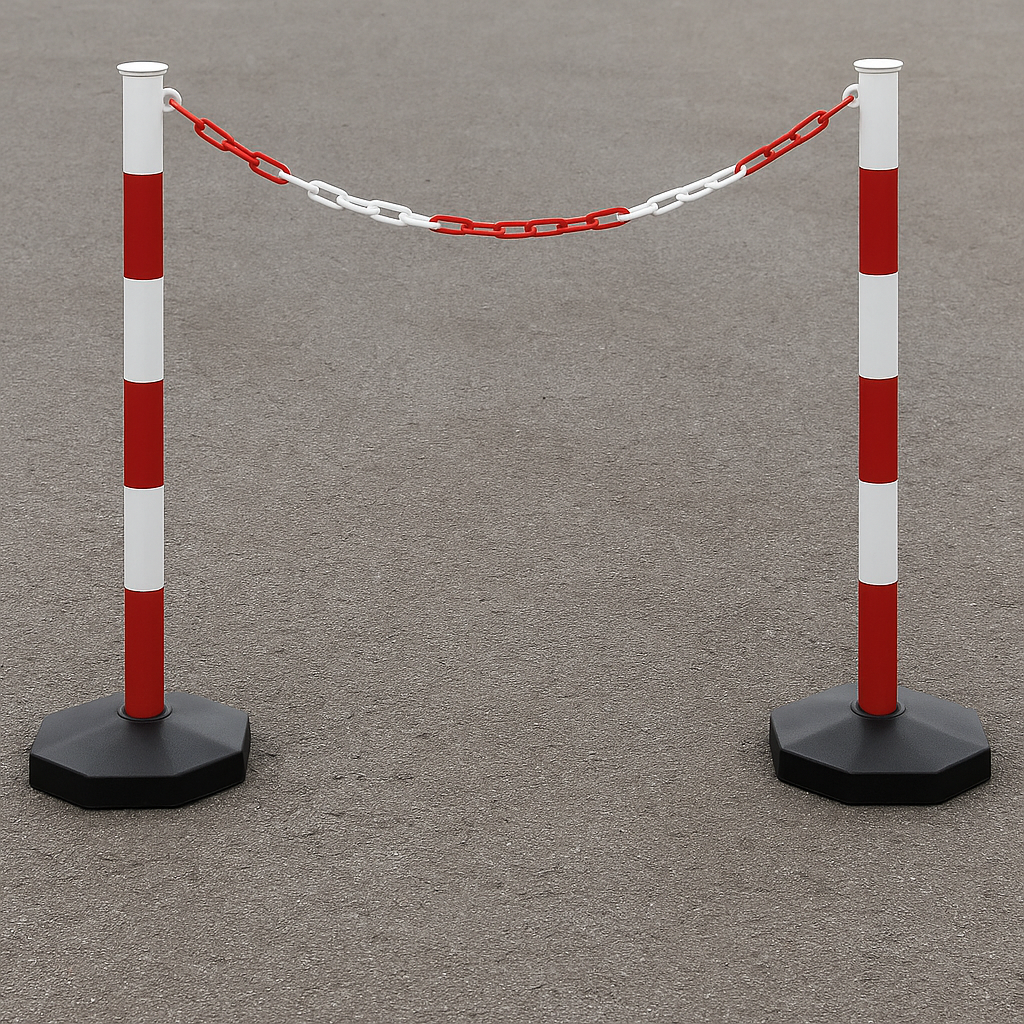 High-Visibility Red & White Chain Post Barrier Kit – 6 Posts with Fillable Round Bases, 10 m Heavy-Duty Chain, Hooks & Links