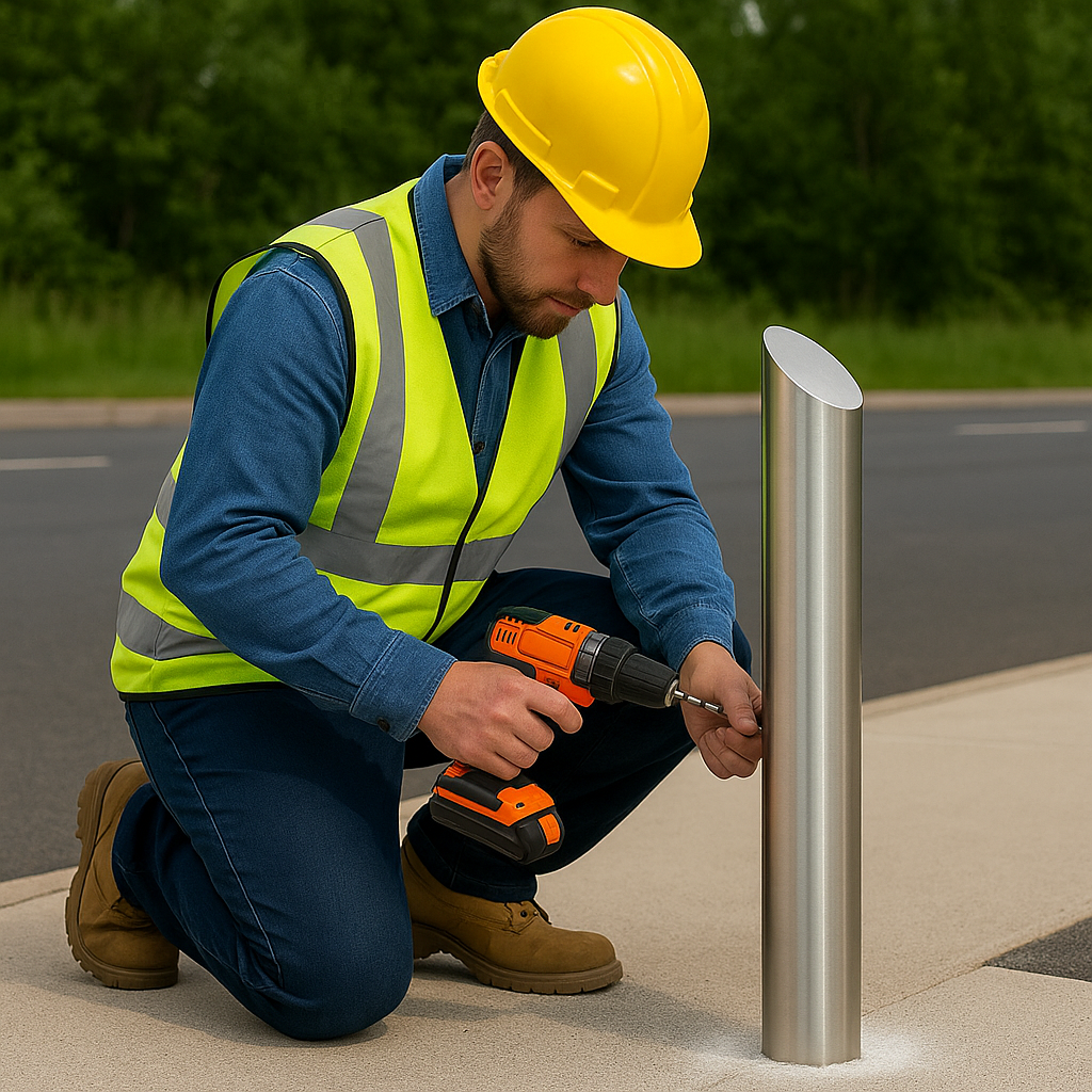 Stainless Steel Curved Edge Top Bollard – 1000mm Above Ground | 60mm–168mm Diameter | Sleek Anti-Ram Protection