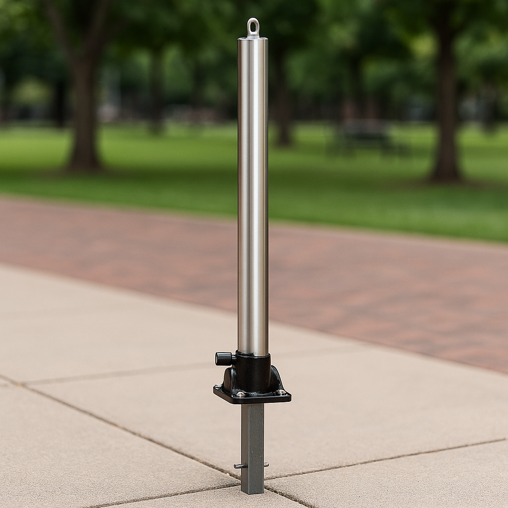 Stainless Steel Fold-Down Parking Post with Ground Spigot & Chain Eyelet