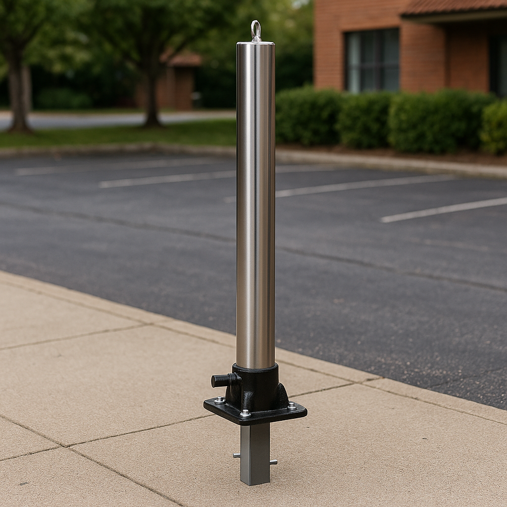 Stainless Steel Fold-Down Parking Post with Ground Spigot & Chain Eyelet