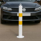 76mm Bolt-Down Steel Bollard – White & Yellow with Top Eyelet