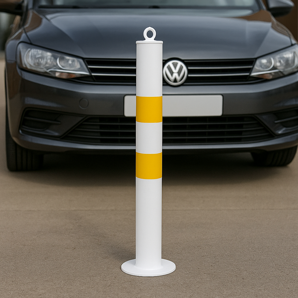 76mm Bolt-Down Steel Bollard – White & Yellow with Top Eyelet