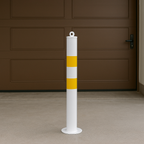 76mm Bolt-Down Steel Bollard – White & Yellow with Top Eyelet