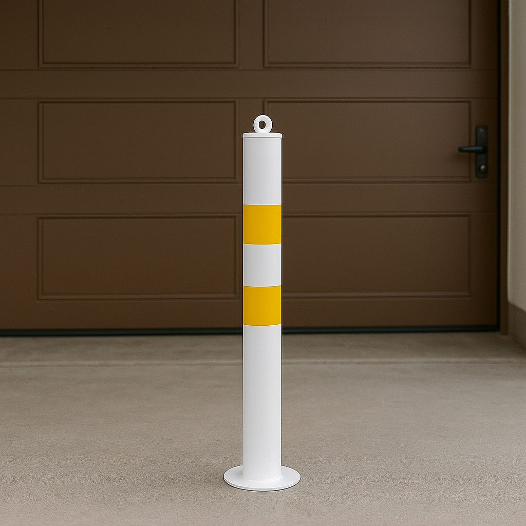 76mm Bolt-Down Steel Bollard – White & Yellow with Top Eyelet