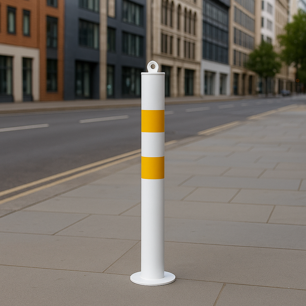 76mm Bolt-Down Steel Bollard – White & Yellow with Top Eyelet