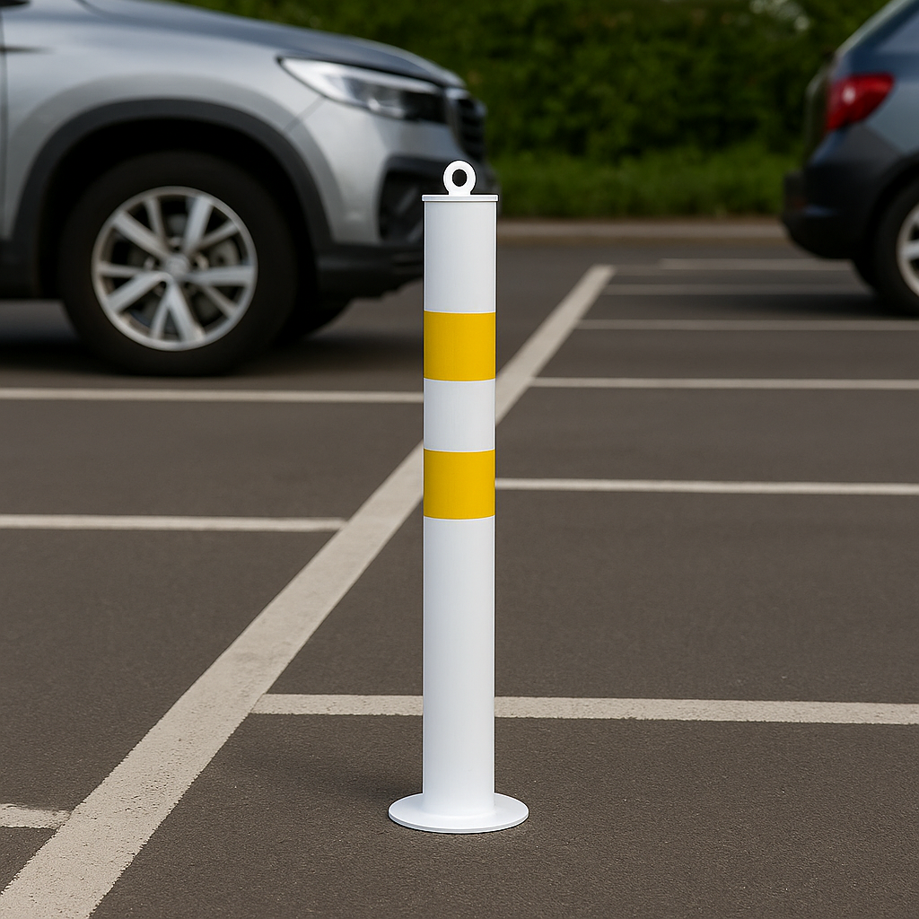 76mm Bolt-Down Steel Bollard – White & Yellow with Top Eyelet