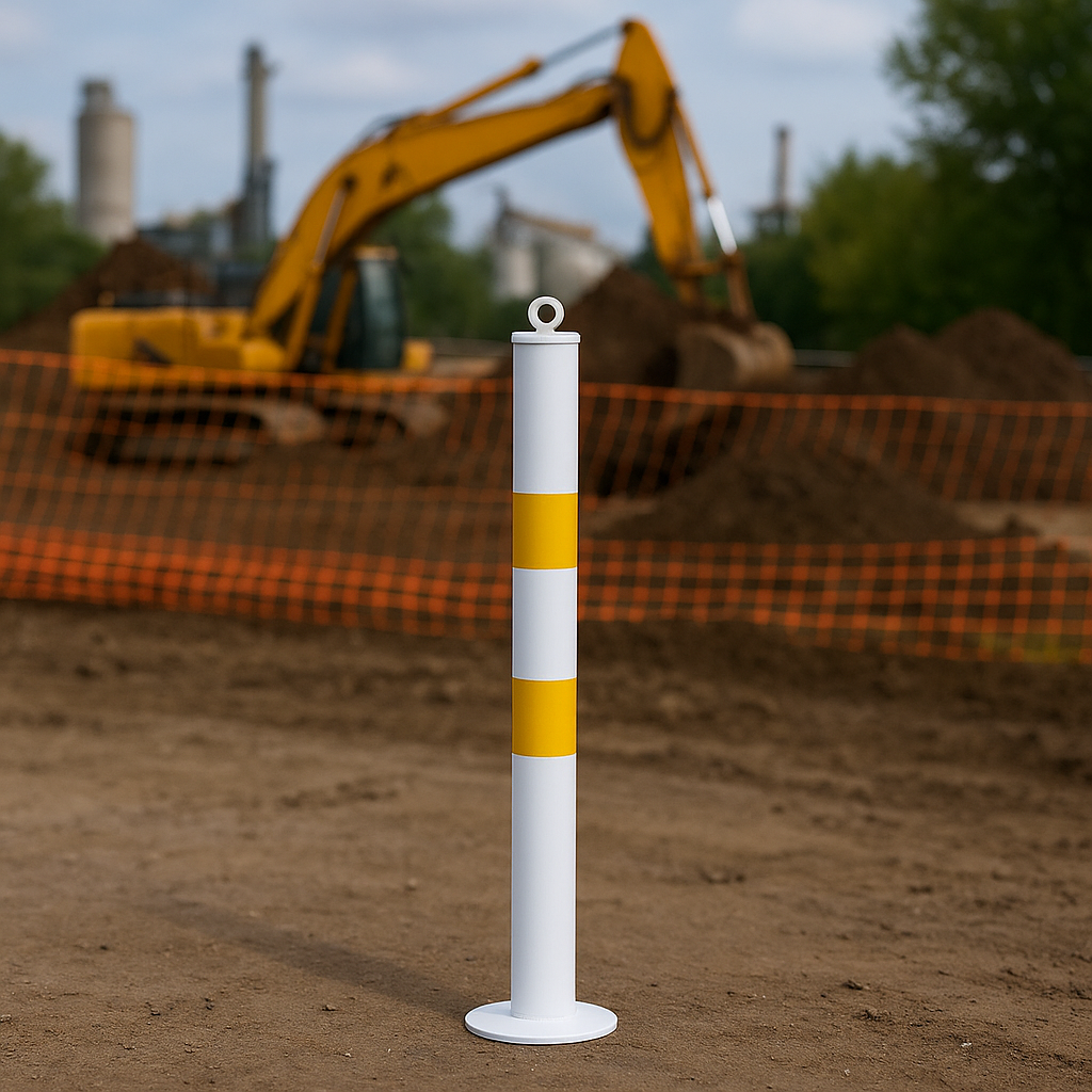 76mm Bolt-Down Steel Bollard – White & Yellow with Top Eyelet
