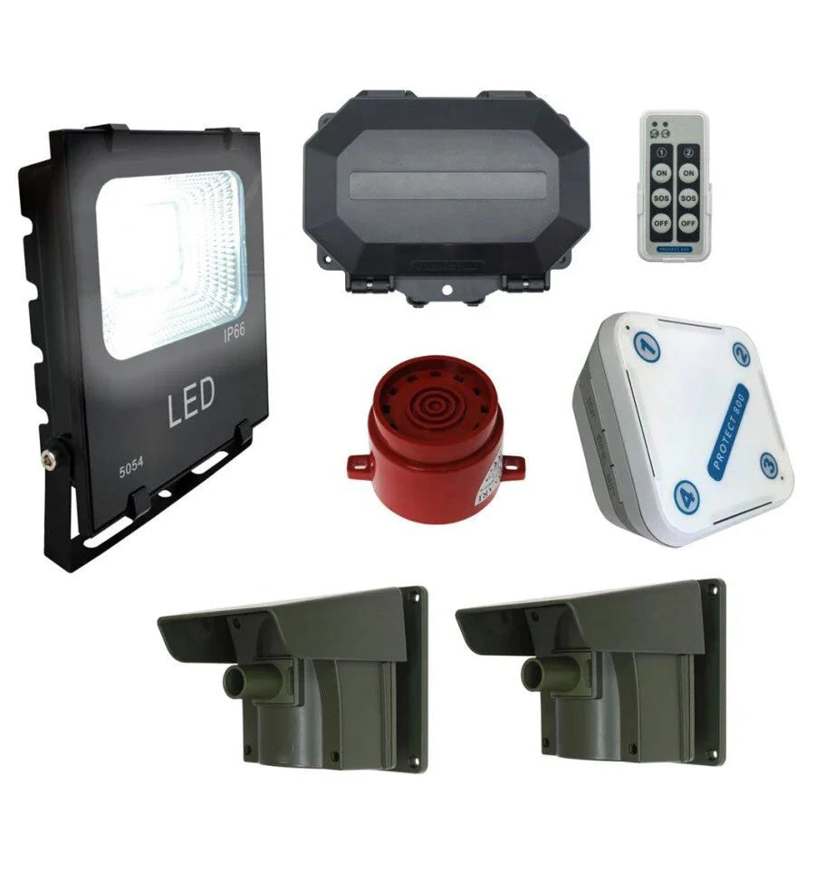 Protect-800 Wireless Driveway Alarm with Security Floodlight, Adjustable Siren, and Indoor/Outdoor Receivers