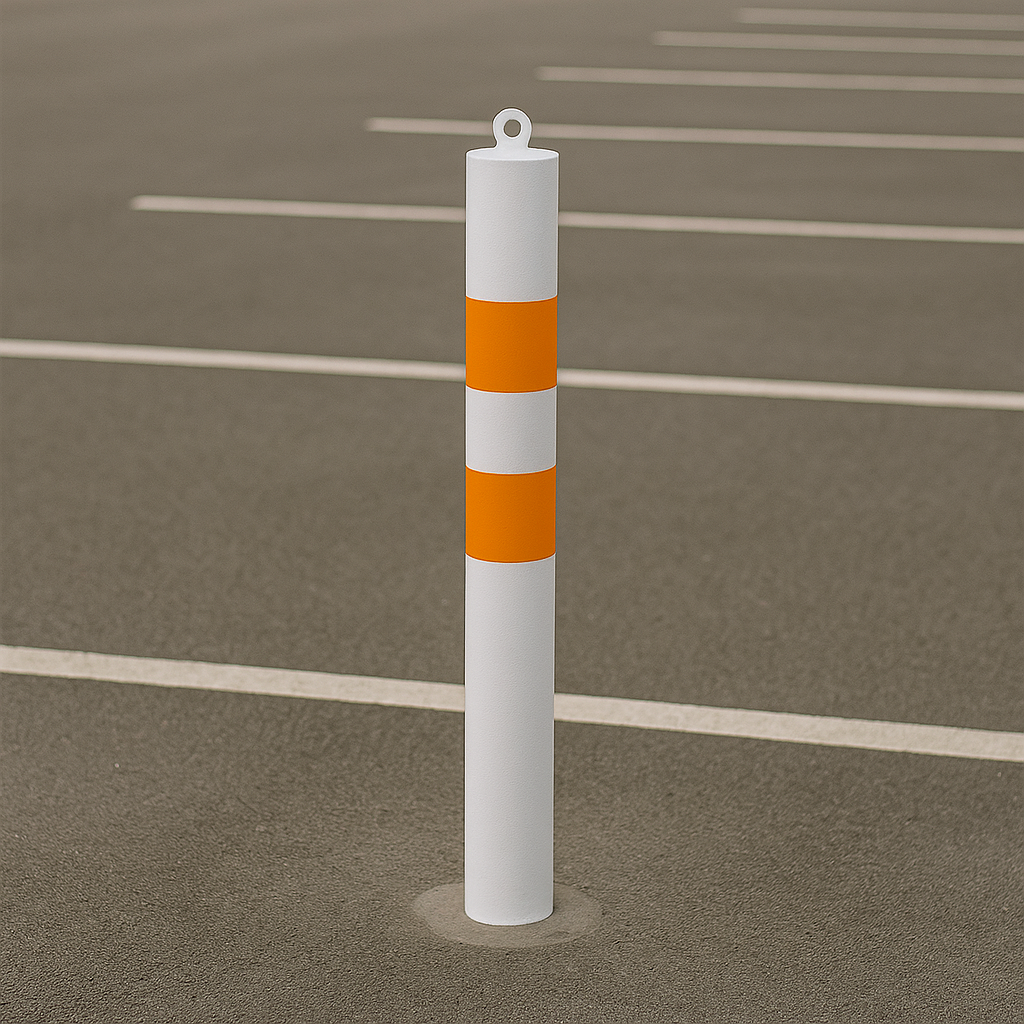 76mm Removable Steel Bollard – White & Orange, Spigot Base with Chain Eyelet for Flexible Security and High Visibility