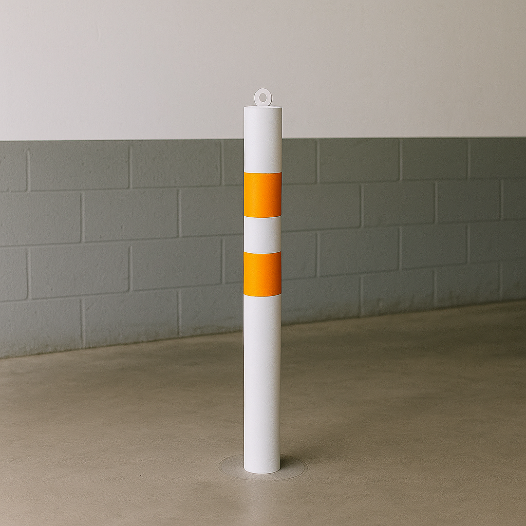 76mm Removable Steel Bollard – White & Orange, Spigot Base with Chain Eyelet for Flexible Security and High Visibility